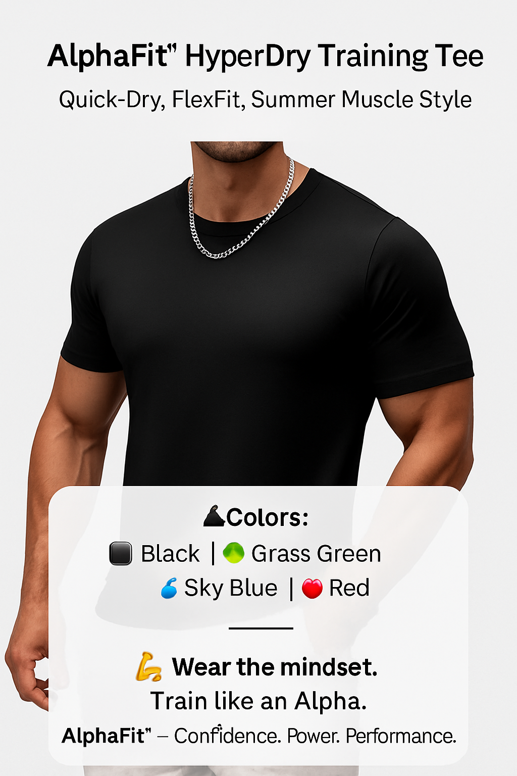 Man wearing a black AlphaFit HyperDry Training Tee with color options displayed.