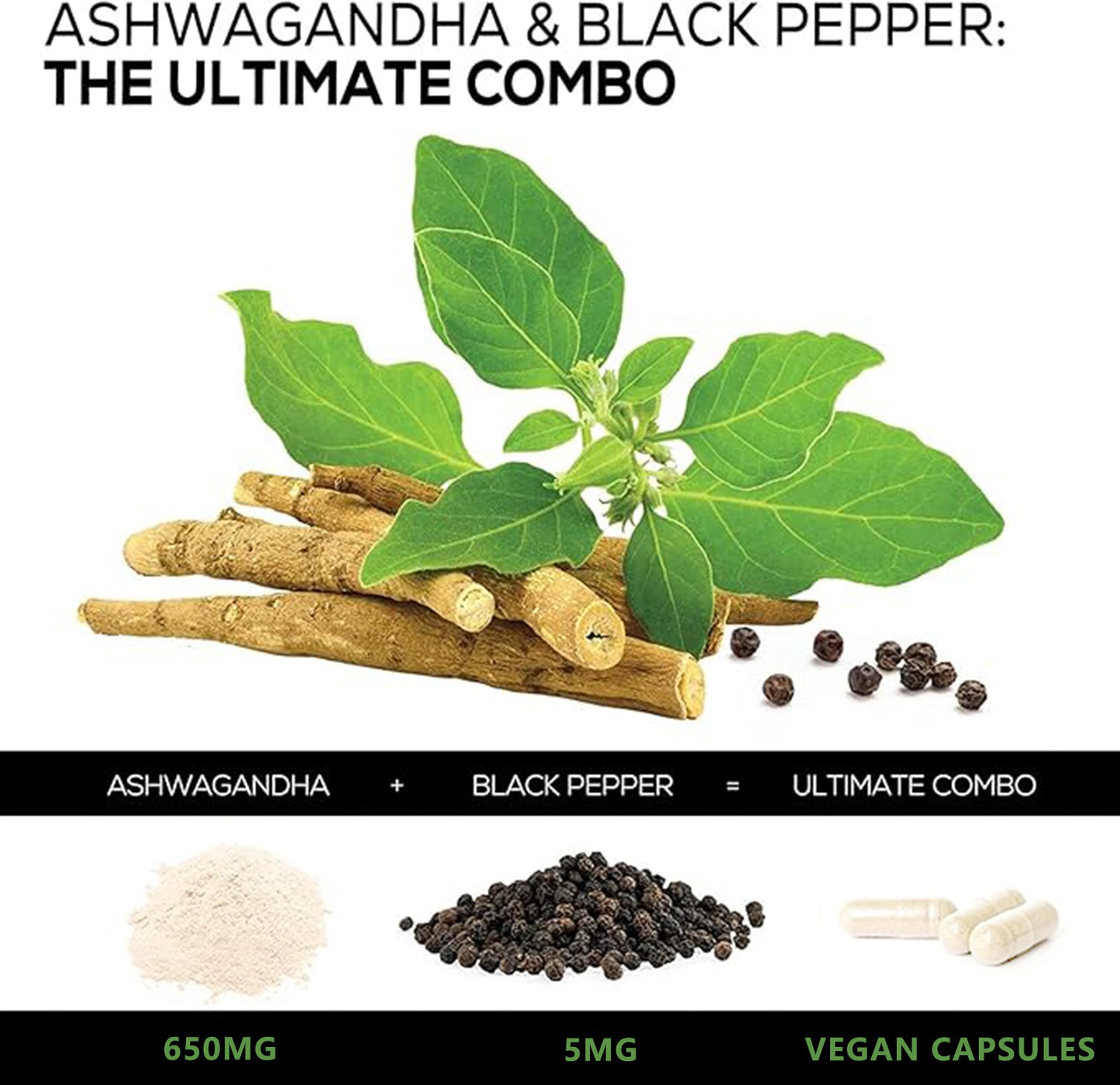 Ashwagandha 650mg + Black Pepper — 60 Vegan Capsules | Made in USA