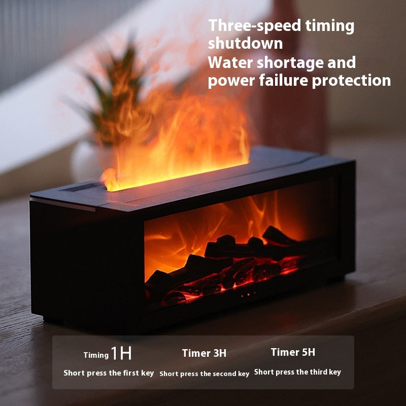Modern electric fireplace with flames on a wooden surface, featuring text about timing shutdown and protection features.