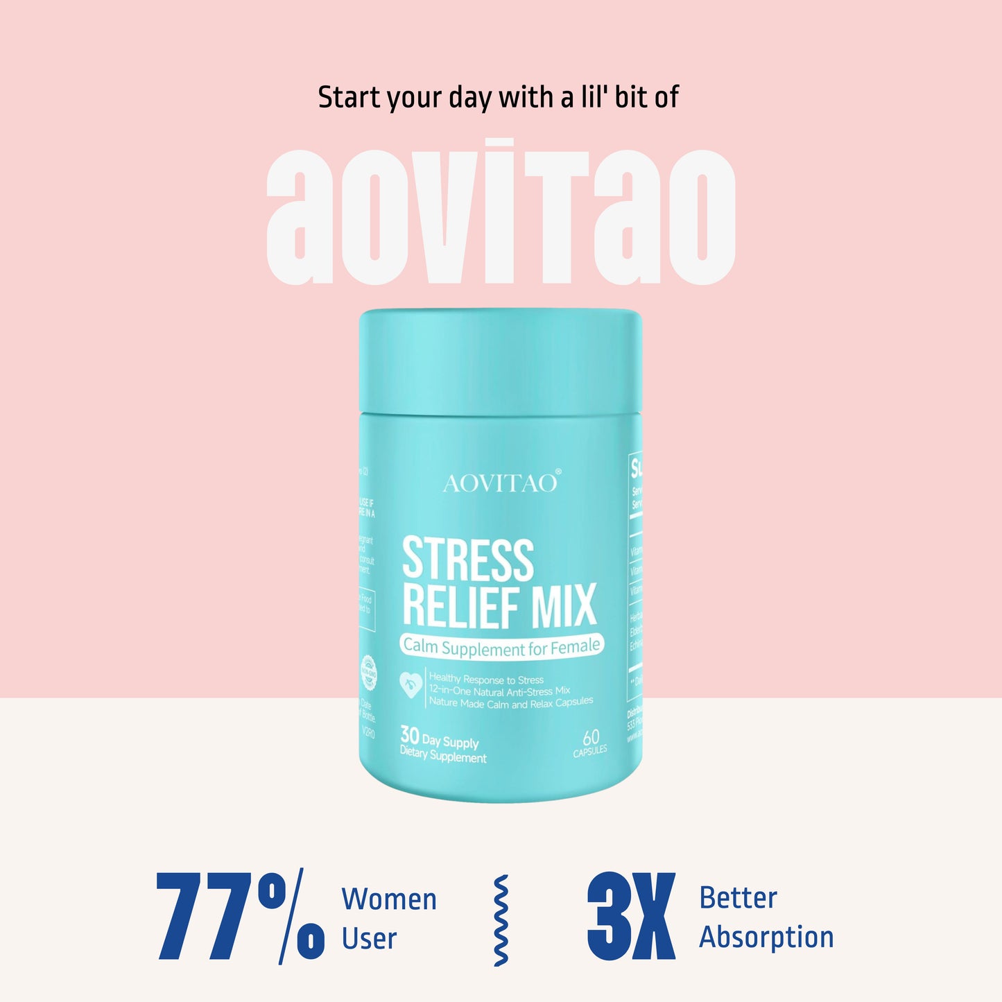 Aovitao Stress Relief Mix supplement container on a pink background with text highlighting features.