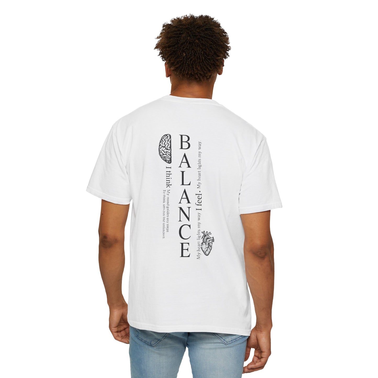 Person wearing a white t-shirt with text and graphics on the back, standing against a white background