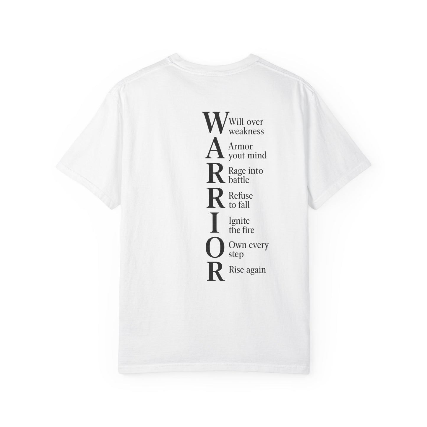 White t-shirt with motivational text on a white background
