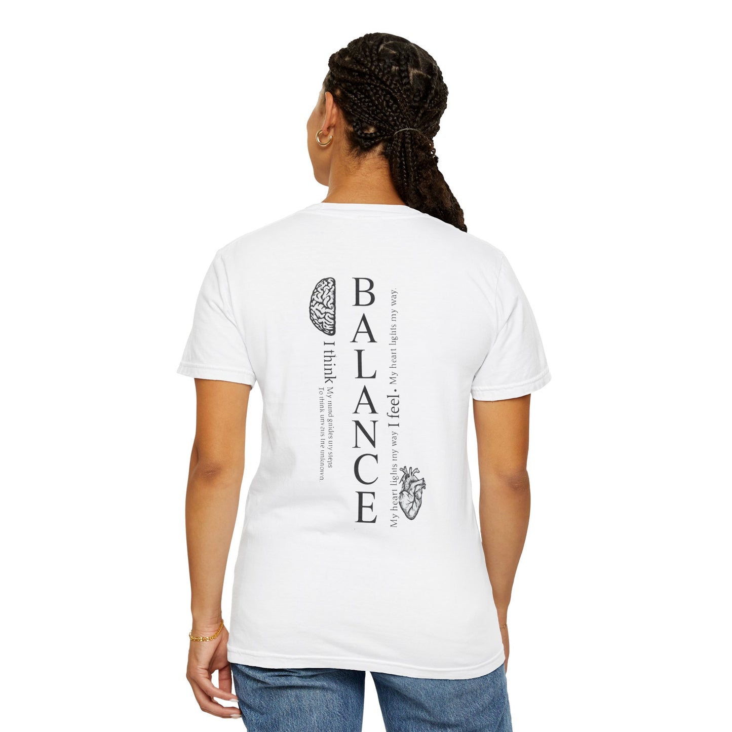 Person wearing a white t-shirt with 'BALANCE' design on the back, standing against a white background.