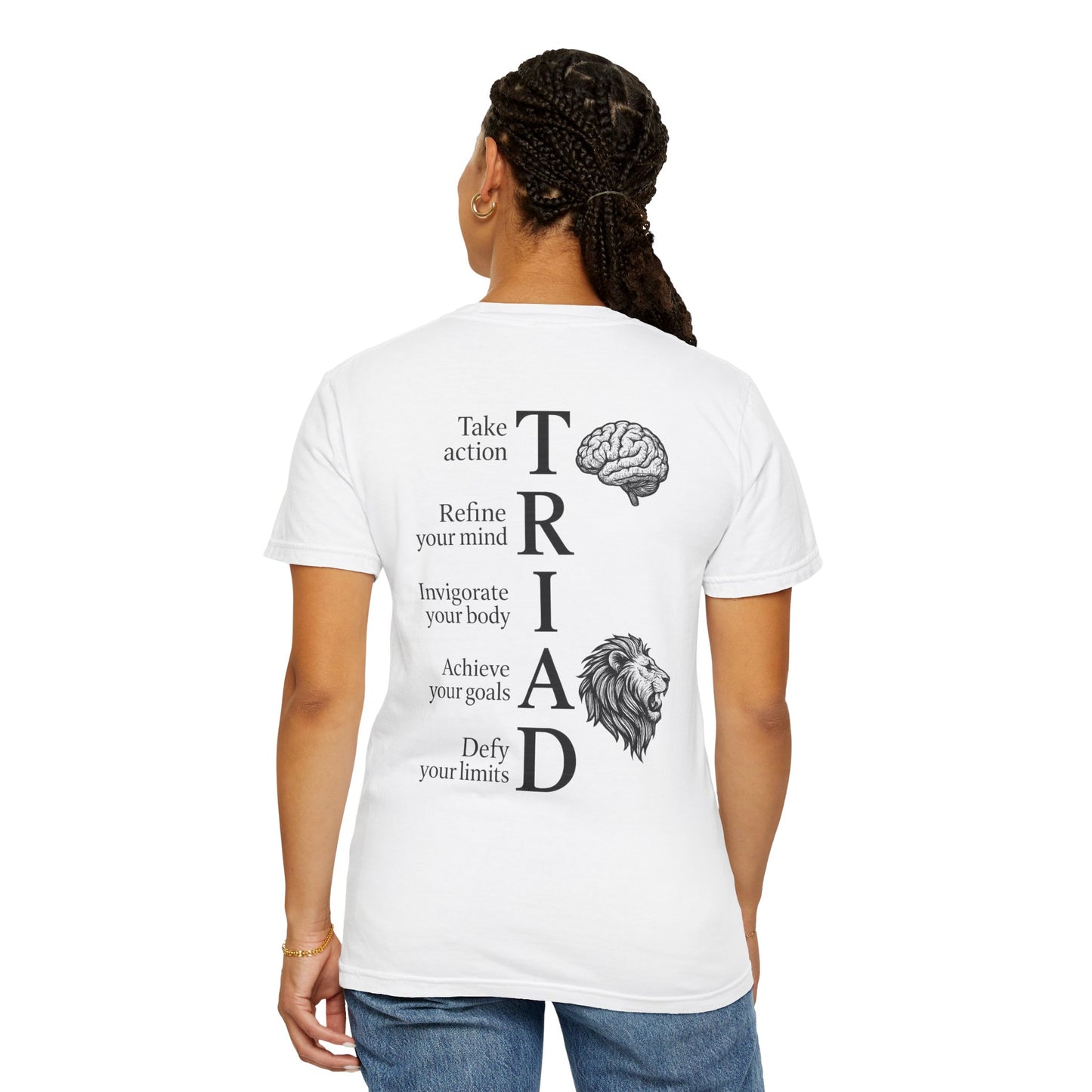 Person wearing a white t-shirt with text and graphics on the back