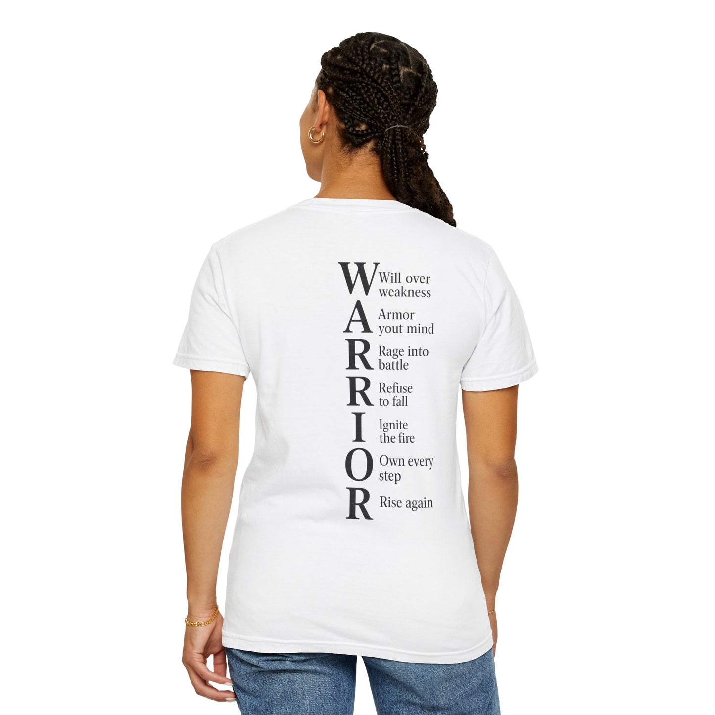 Person wearing a white t-shirt with motivational text on the back, standing against a white background.