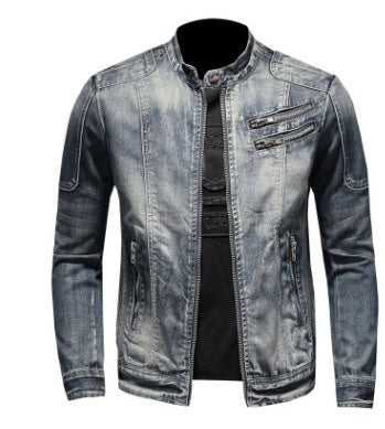 Denim jacket on a mannequin against a white background