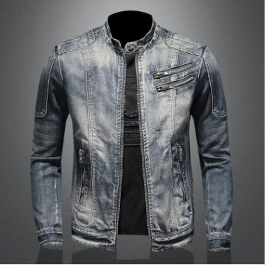 Denim jacket on a mannequin against a gray background