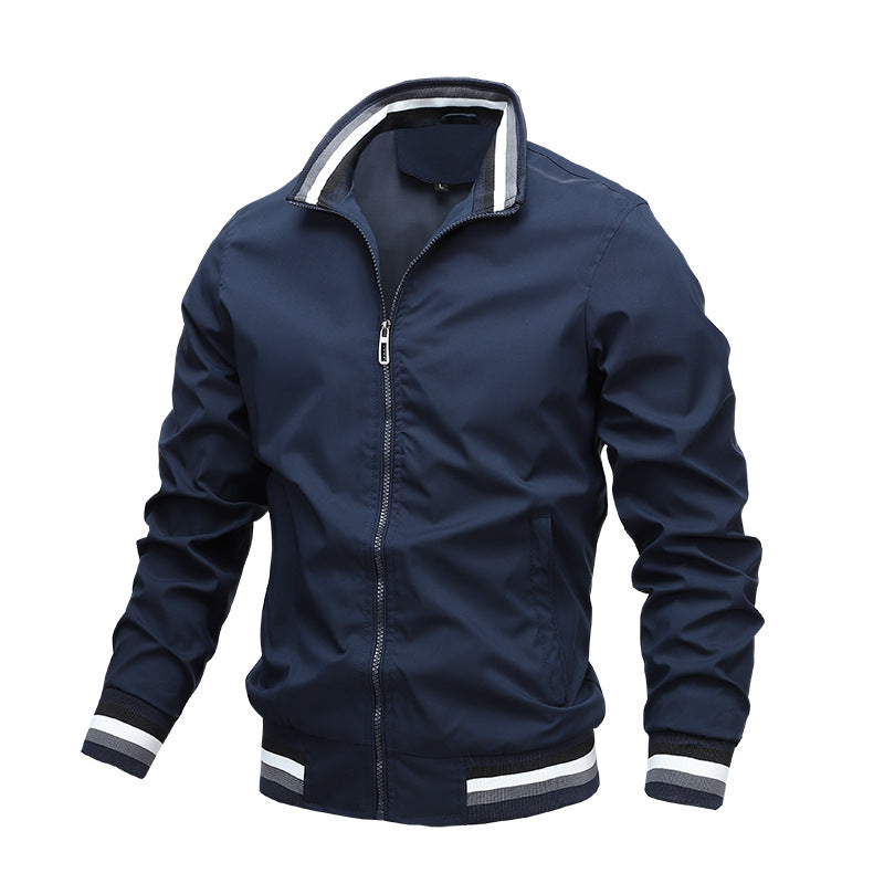 Navy blue jacket with white accents on a white background