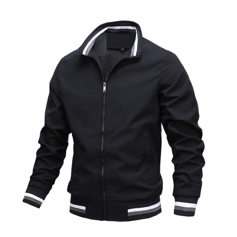Black jacket with white trim on a white background