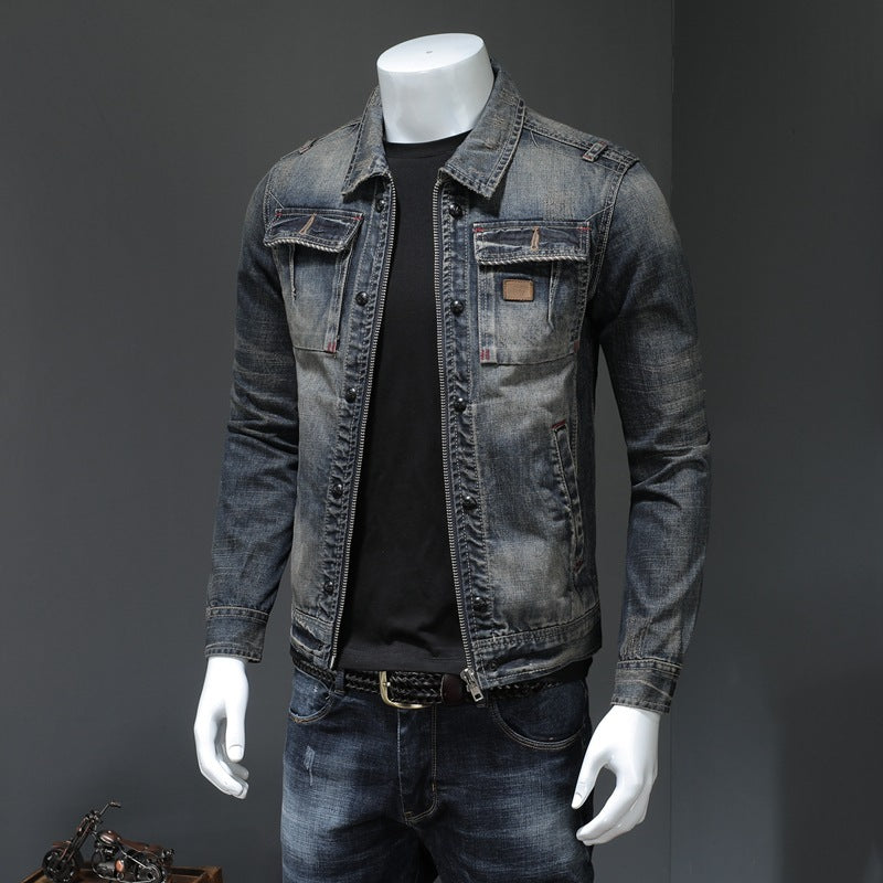 Denim jacket and jeans on a mannequin against a gray background
