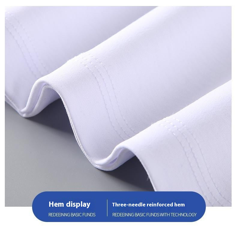 Close-up of a white fabric with a three-needle reinforced hem on a gray background.