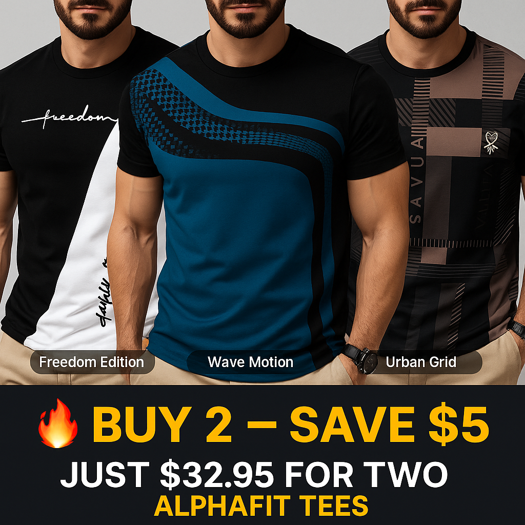 Three men wearing different designs of Alphafit tees with promotional text.