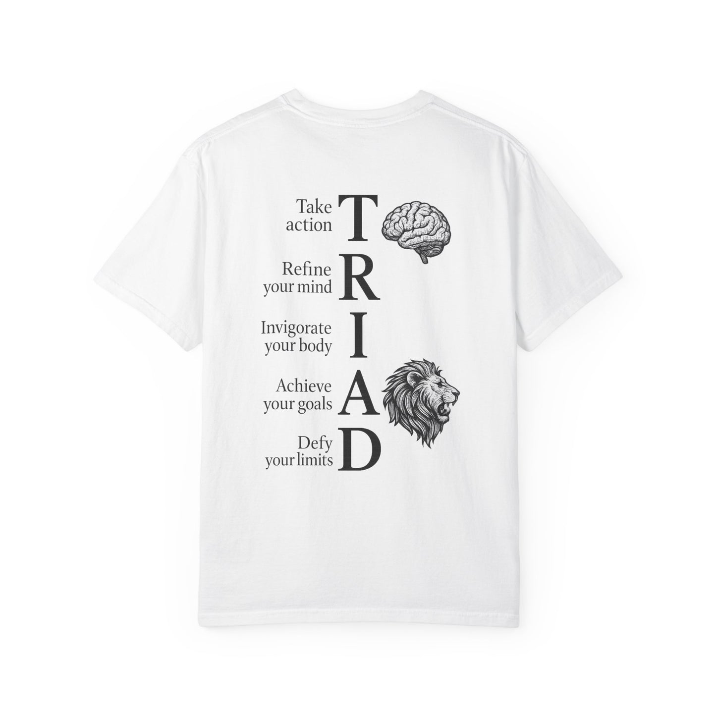White t-shirt with black text and graphics on a white background
