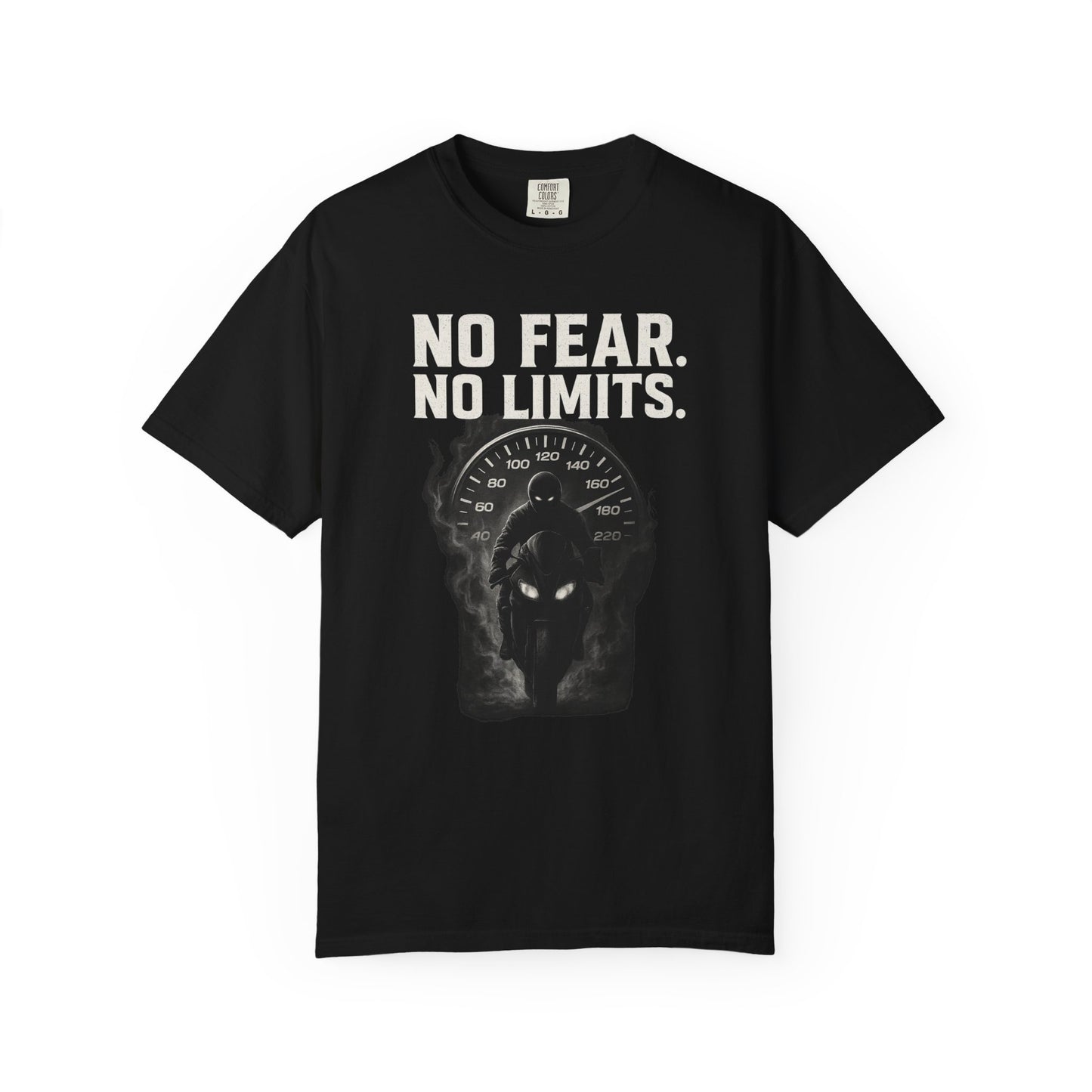 Black t-shirt with 'No Fear. No Limits.' text and wolf graphic on a white background