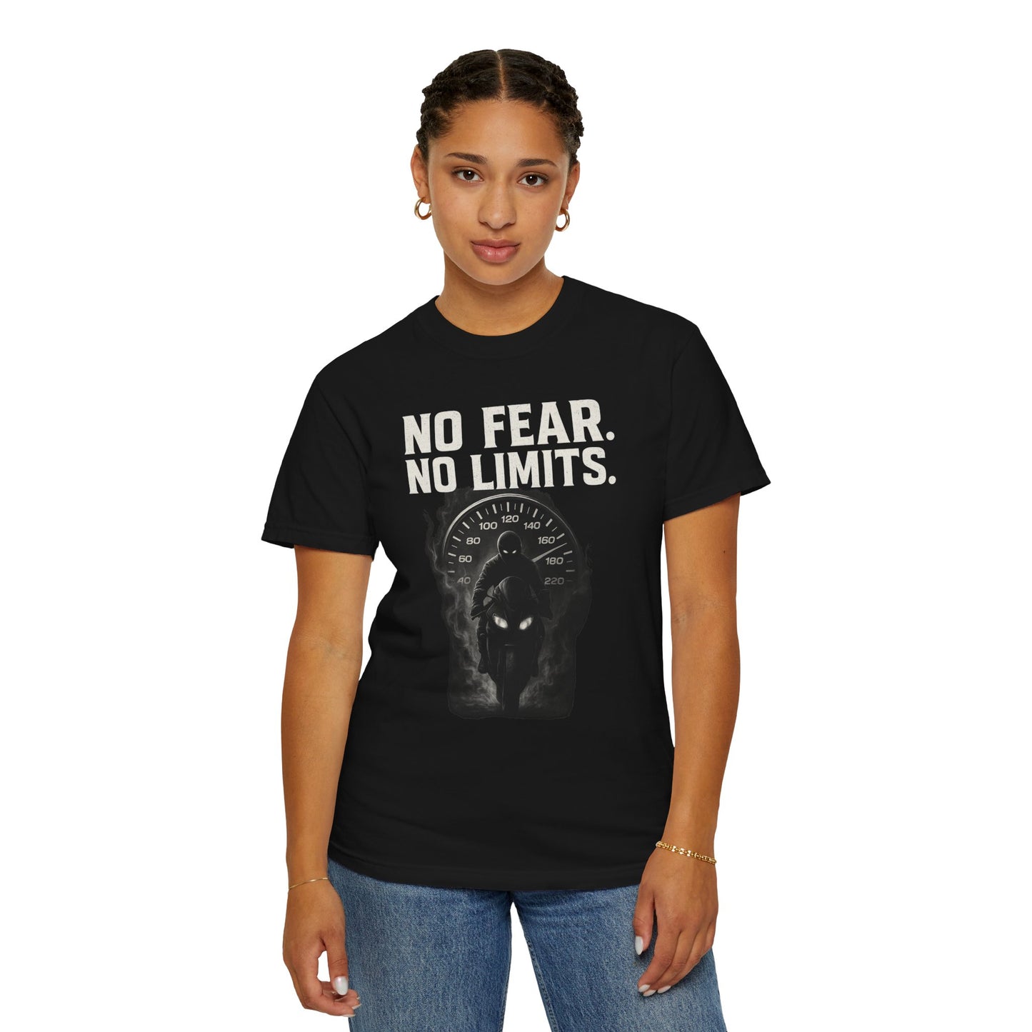 Person wearing a black t-shirt with 'NO FEAR. NO LIMITS.' text and graphic design.
