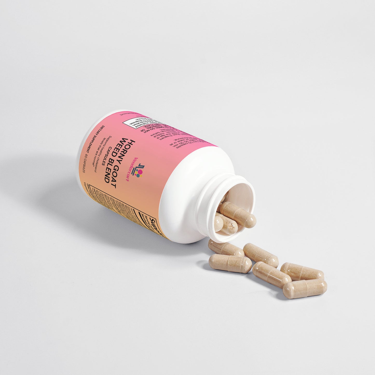Pink supplement bottle with wooden capsules on a light gray background
