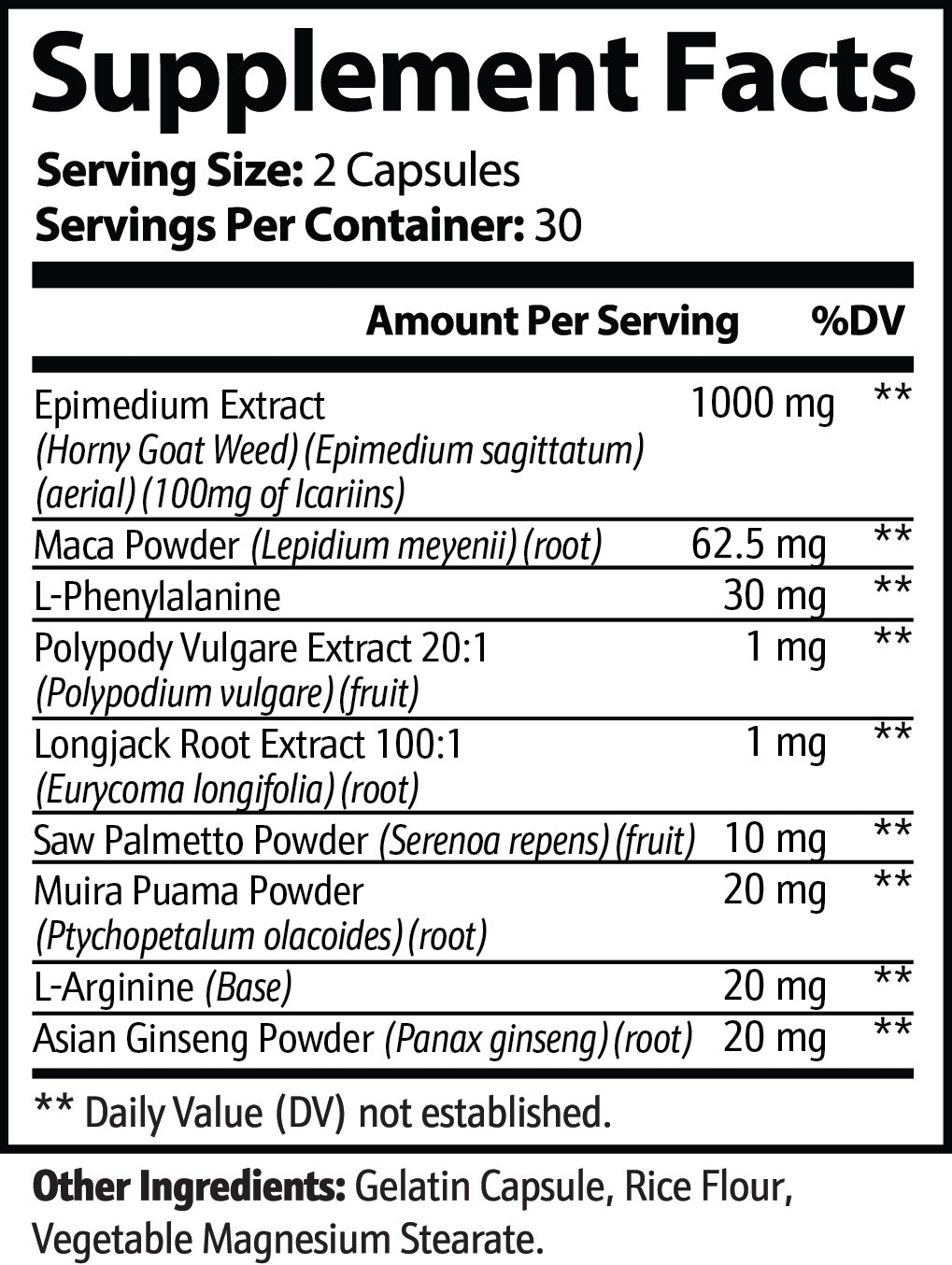 Supplement facts label with detailed ingredient list and serving information.