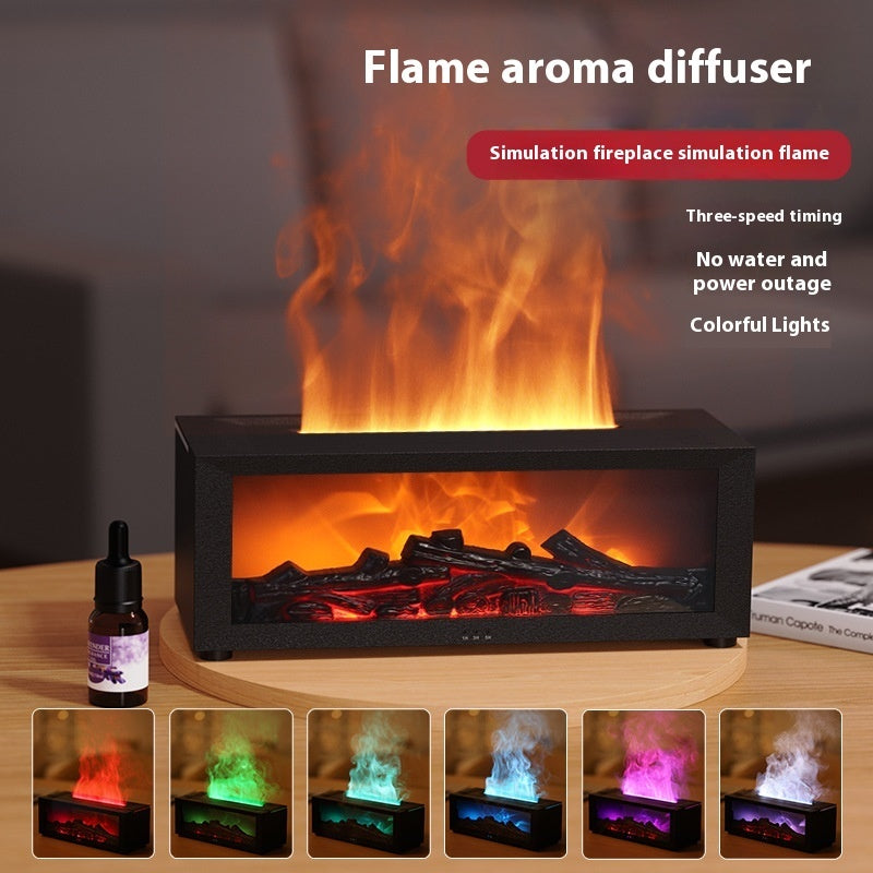 Flame aroma diffuser with colorful light effects on a wooden surface.