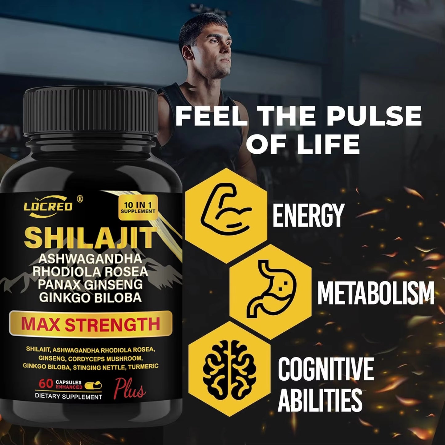 Shilajit + Ashwagandha Max Strength Capsules – 10-in-1 Energy & Testosterone Booster (60 Caps)