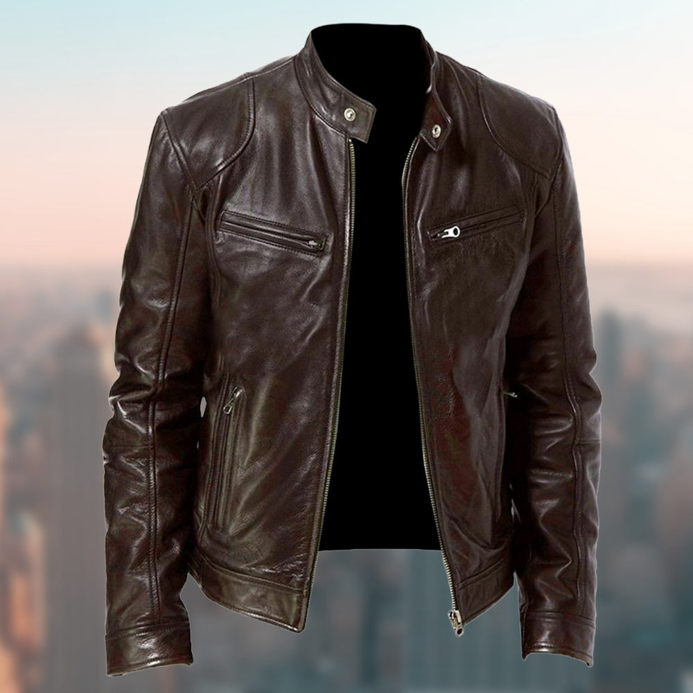 Brown leather jacket on a blurred cityscape background