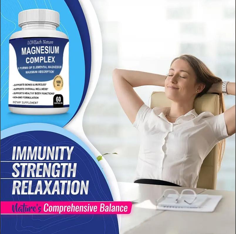 Bottle of magnesium complex supplement with a woman relaxing, text about immunity strength and relaxation.