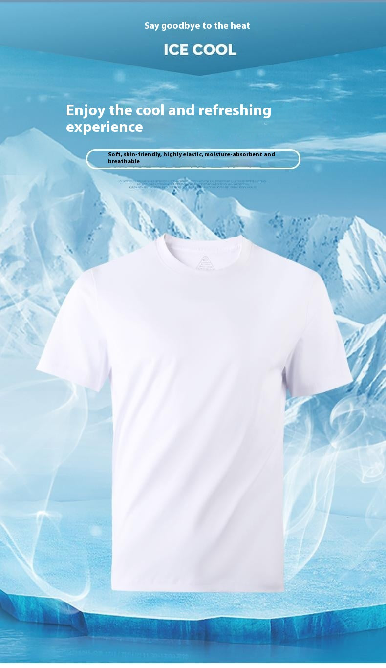 White t-shirt with ice-themed design and text on a blue background