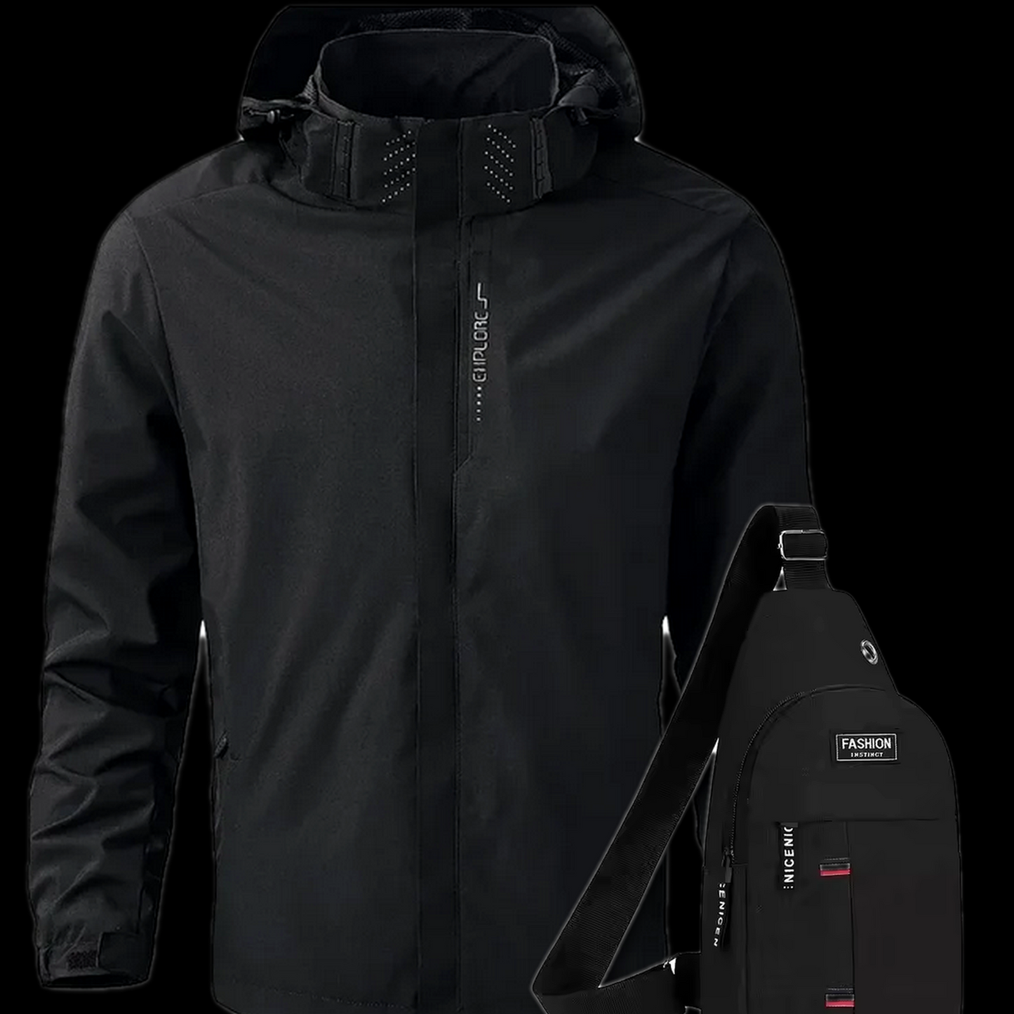 Men’s water-resistant hooded rain jacket in black with FREE crossbody bag.