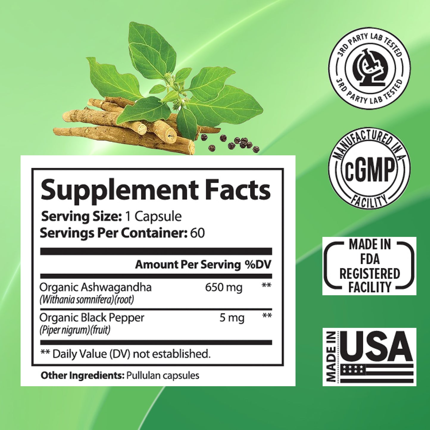 Ashwagandha 650mg + Black Pepper — 60 Vegan Capsules | Made in USA