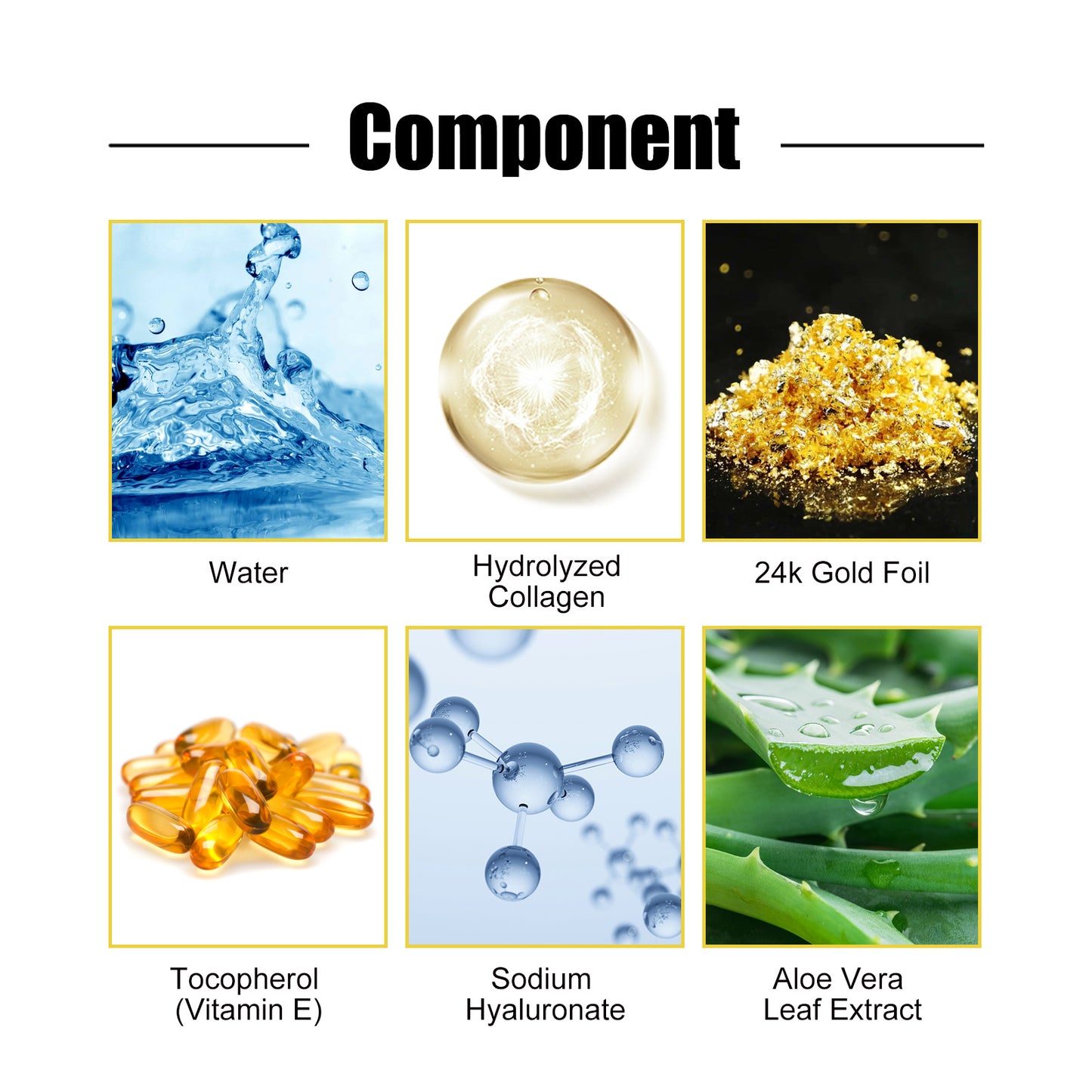 List of skincare component images with labels on a white background