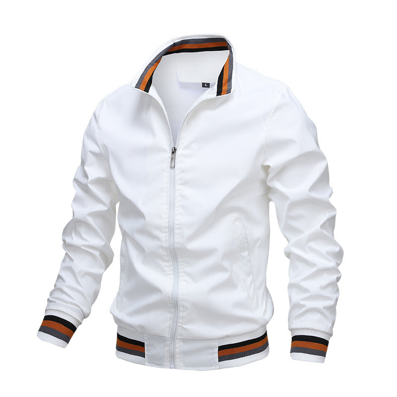 White jacket with black and orange accents on a white background