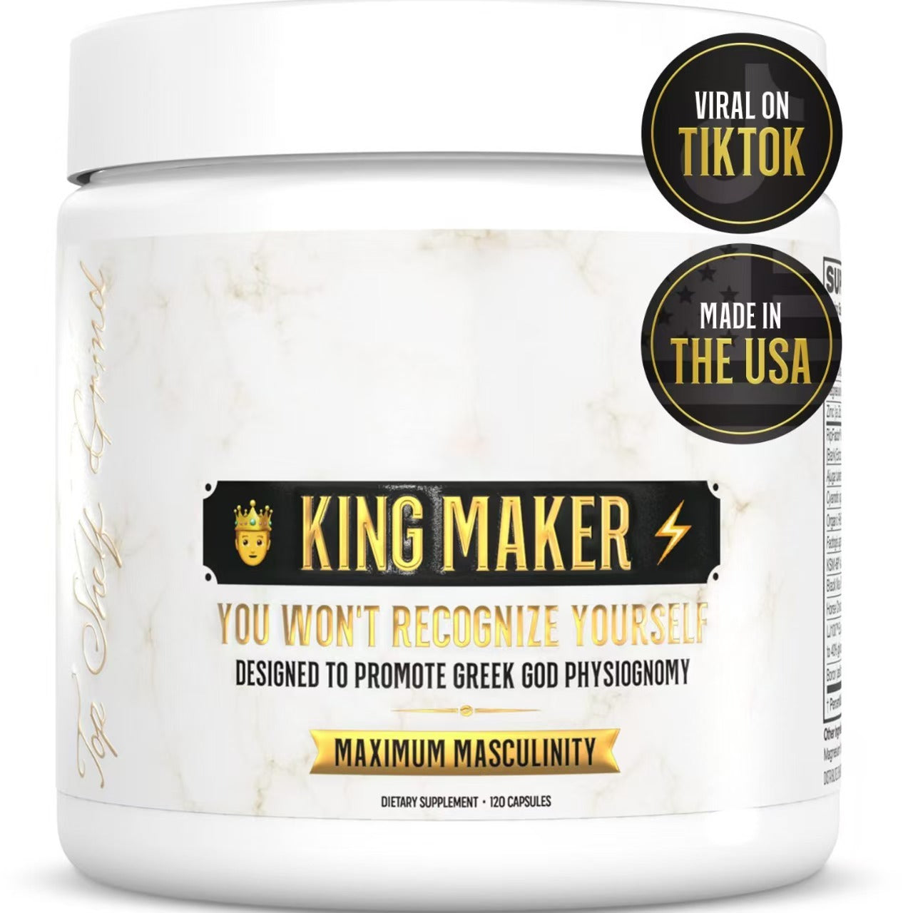 King Maker supplement container with branding and product description on a white background