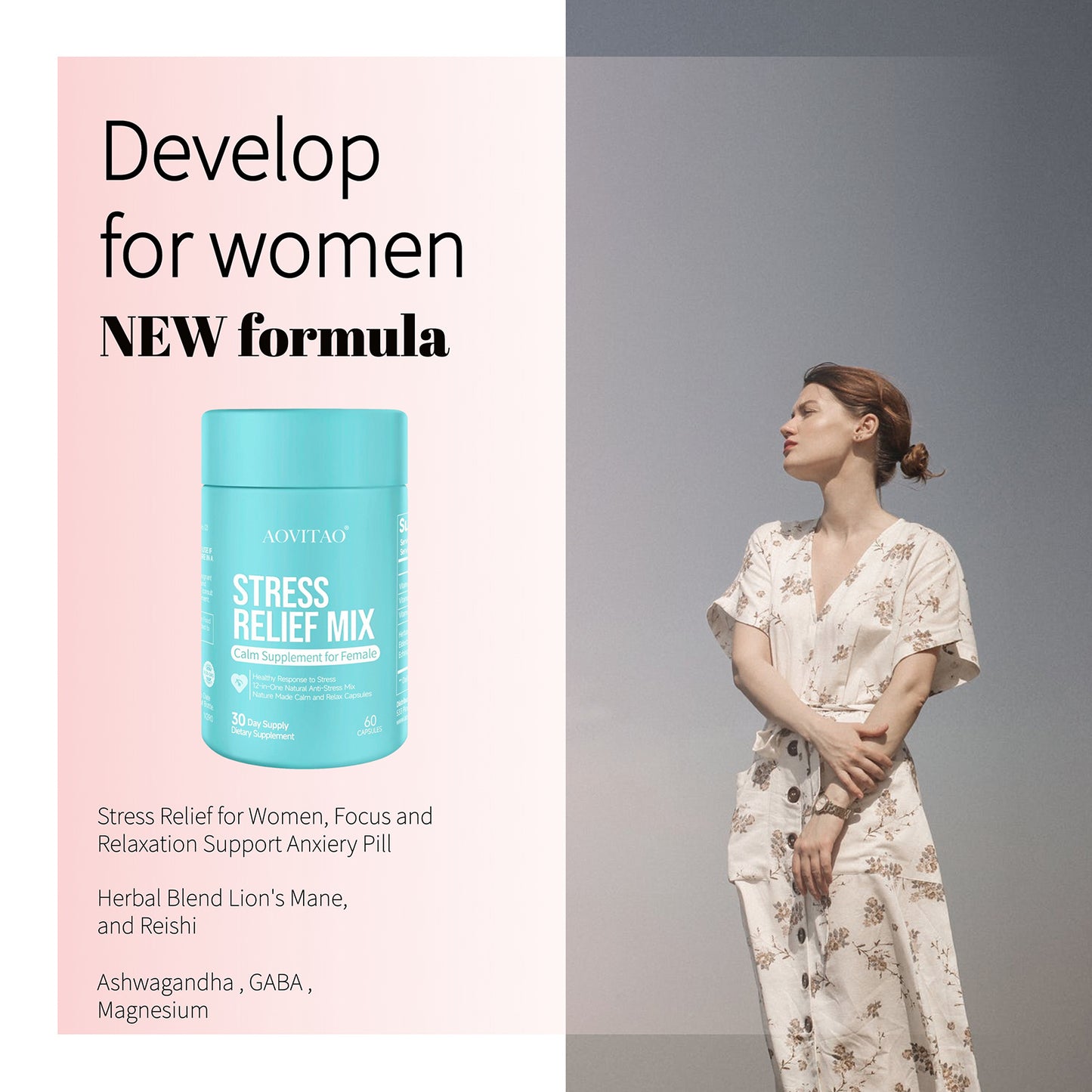 Advertisement for a stress relief mix for women with a woman in a floral dress on a gray background.