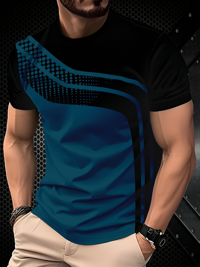 Person wearing a black and blue t-shirt with geometric design on a dark background