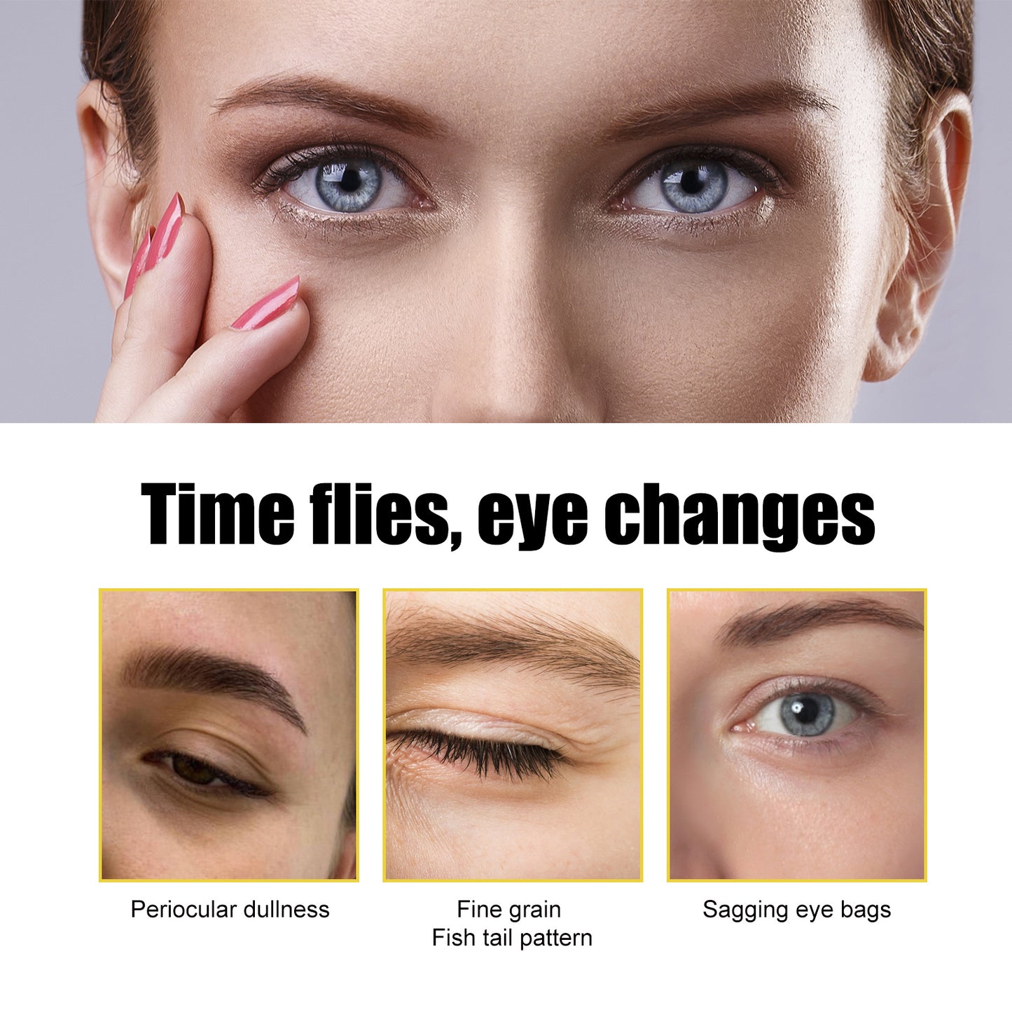 Close-up of a woman's eyes with text 'Time flies, eye changes' and images of eye issues.
