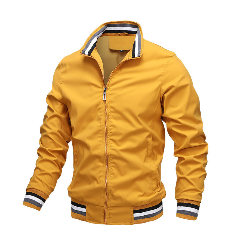 Yellow jacket with striped cuffs and collar on a white background