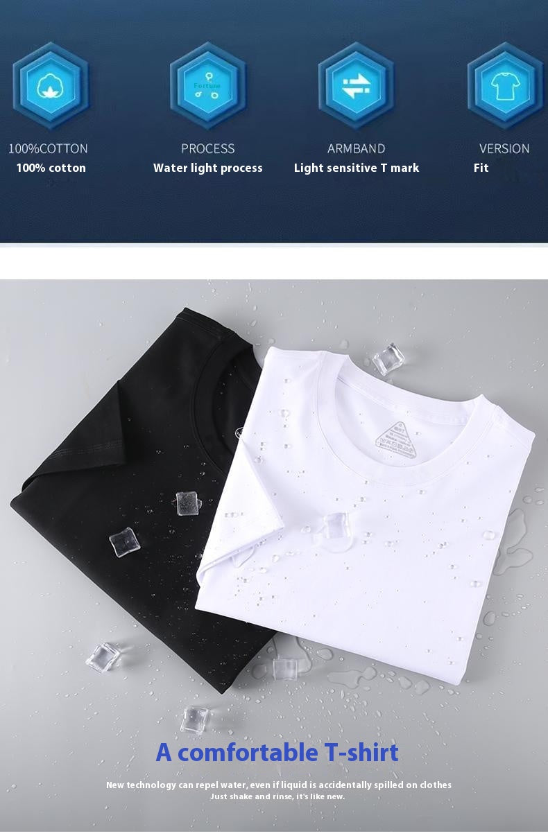 Black and white t-shirts on a gray background with water droplets, labeled as 'A comfortable T-shirt'.