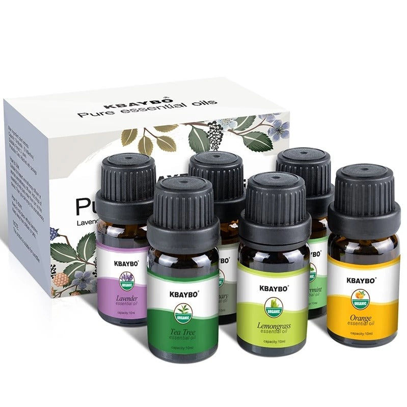 Set of Kbaybo essential oil bottles with a branded box in the background