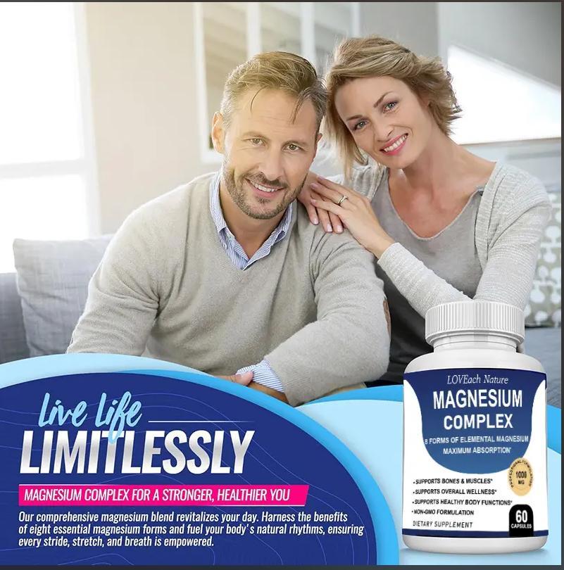 Couple sitting together with a bottle of magnesium complex supplement in the foreground.