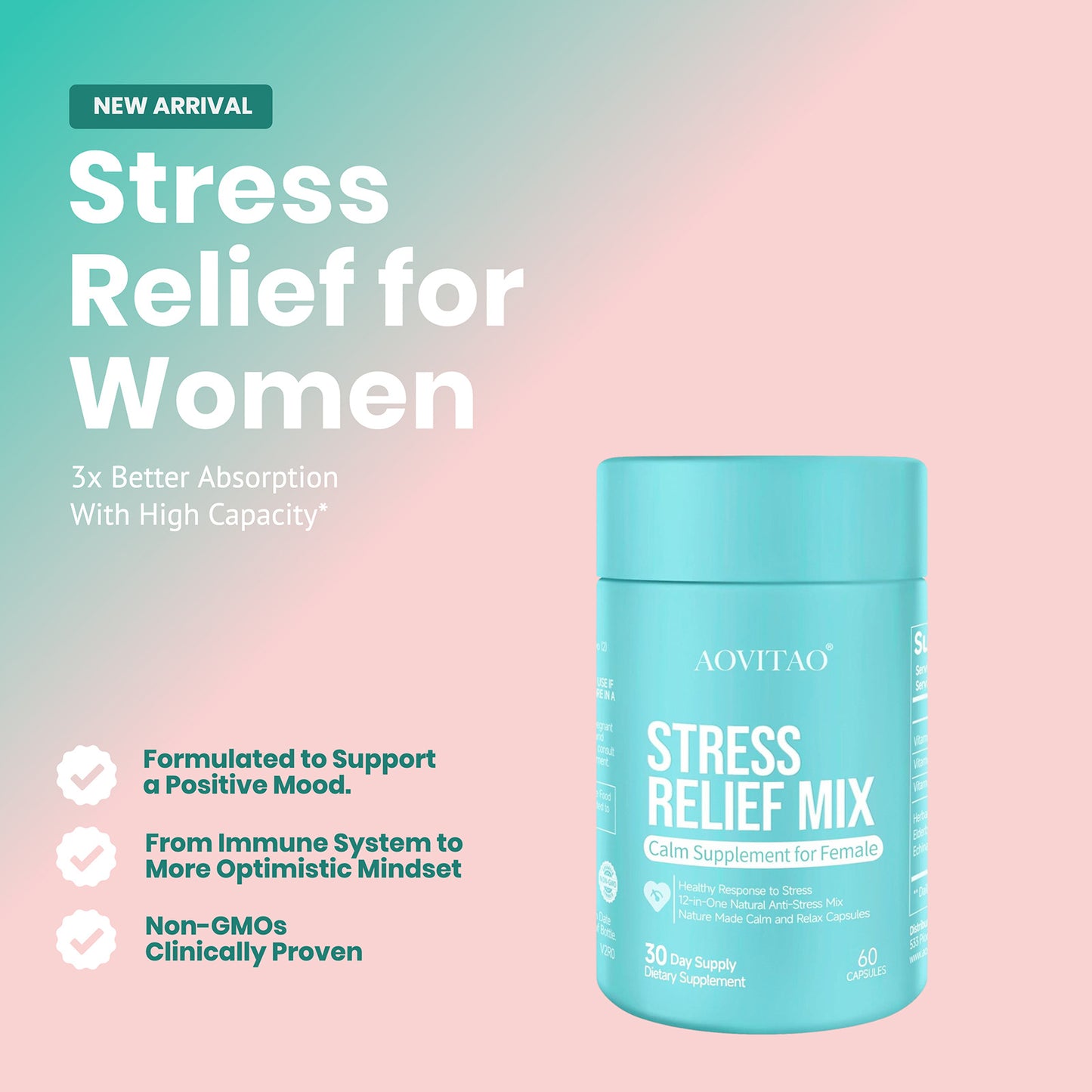 Stress relief supplement for women with product container on a gradient background