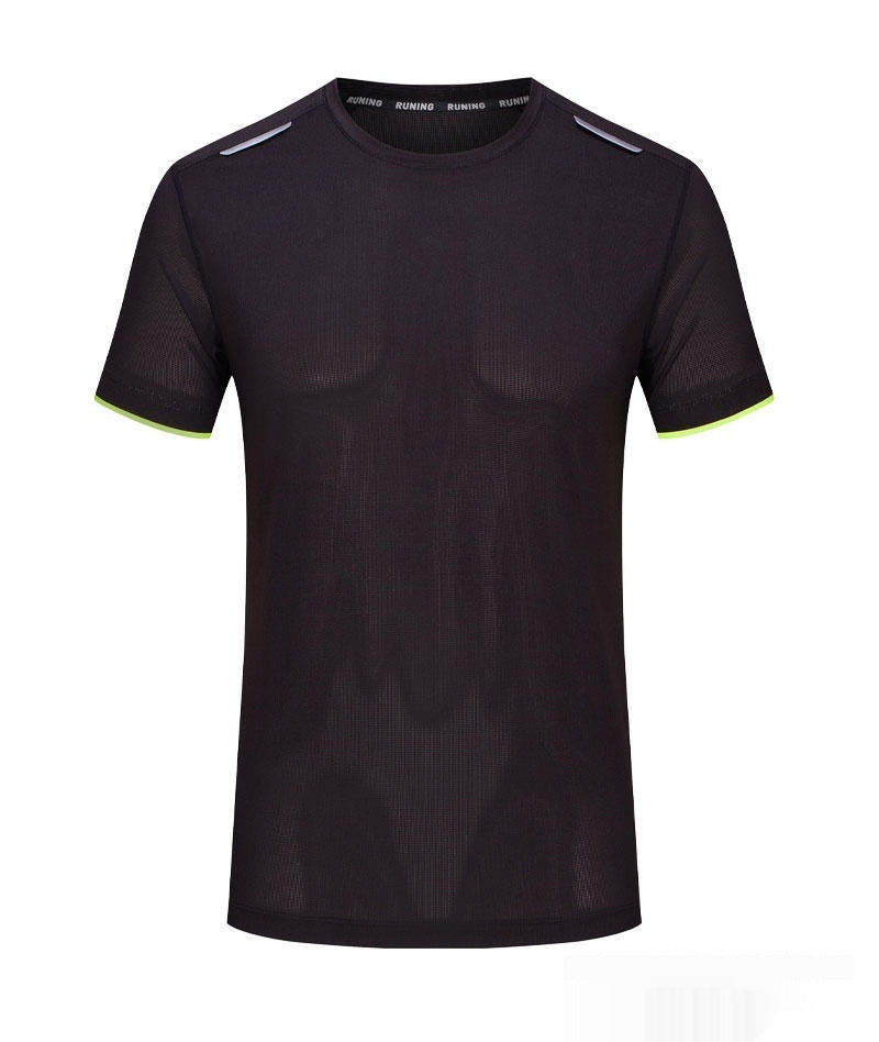 Black t-shirt with white and yellow accents on a white background