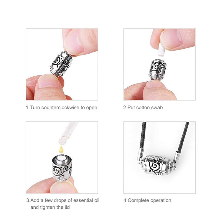 Step-by-step guide on using a silver essential oil diffuser pendant.