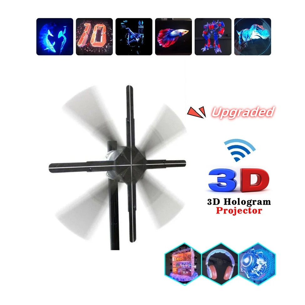 3D Hologram Projector with fan-like design and colorful display on a white background