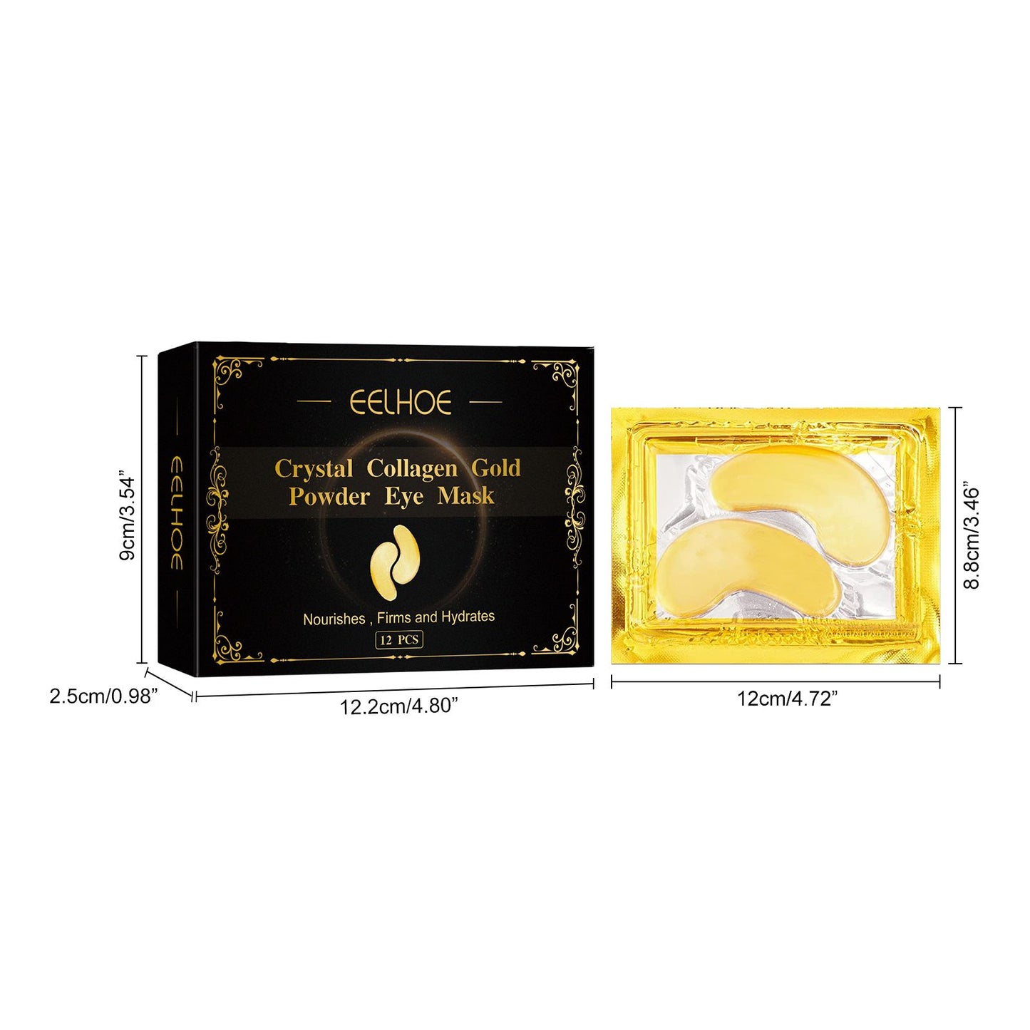 Eelhoe Crystal Collagen Gold Powder Eye Mask packaging with eye masks displayed on a white background