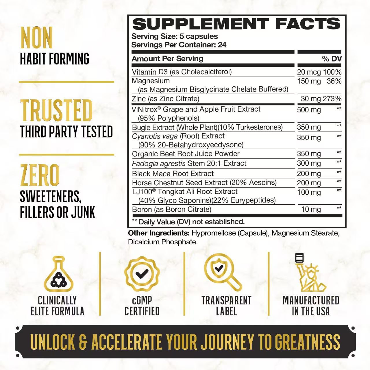 Supplement facts label with various health benefits and product features on a white background.
