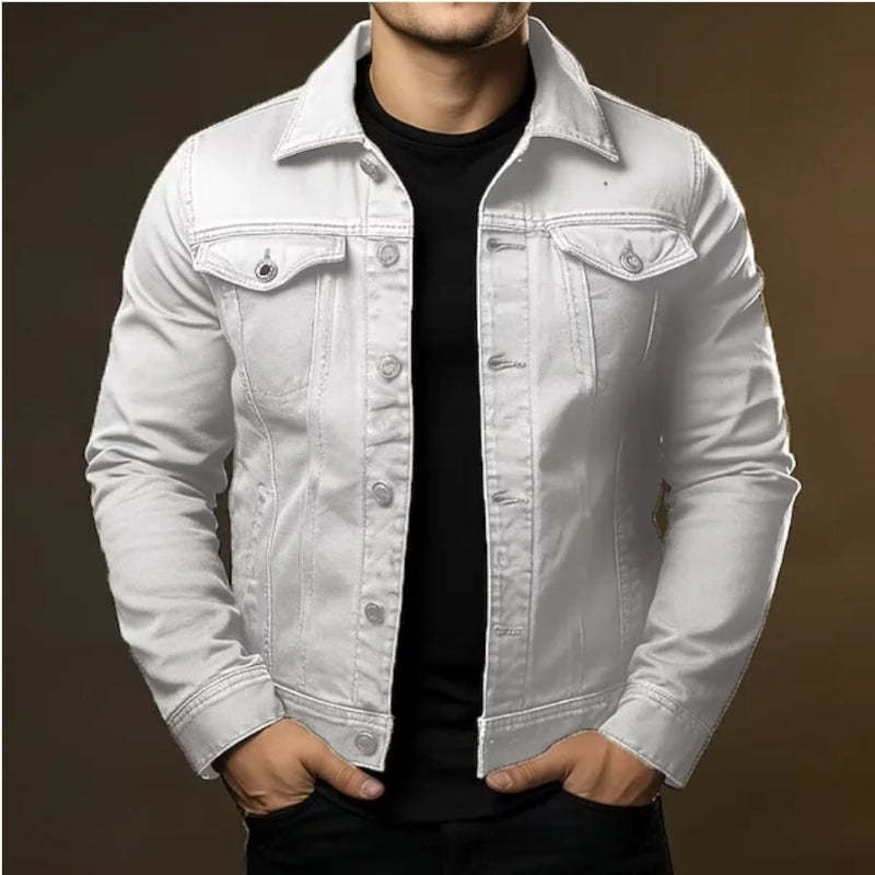 White denim jacket worn by a person on a brown background