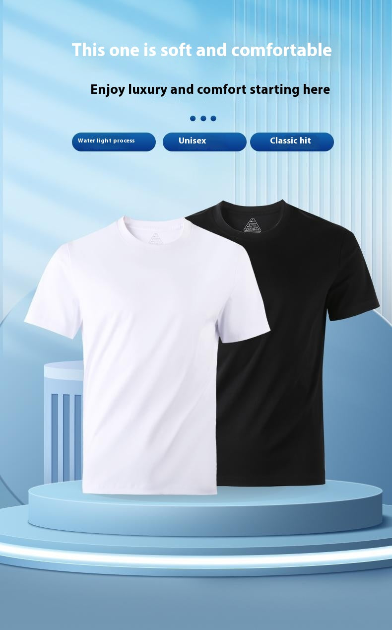 Two t-shirts, one white and one black, on a blue platform with promotional text.