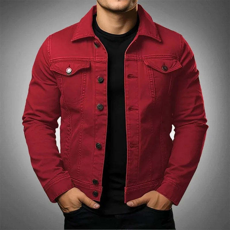 Red denim jacket worn by a person on a gray background