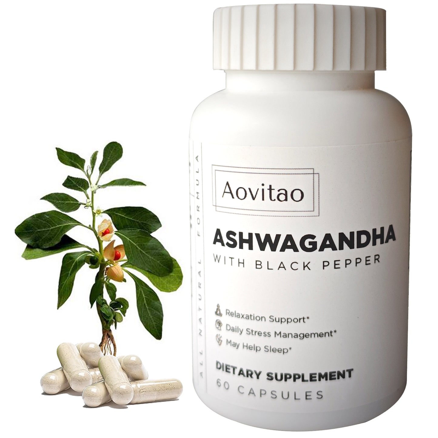 Ashwagandha 650mg + Black Pepper — 60 Vegan Capsules | Made in USA
