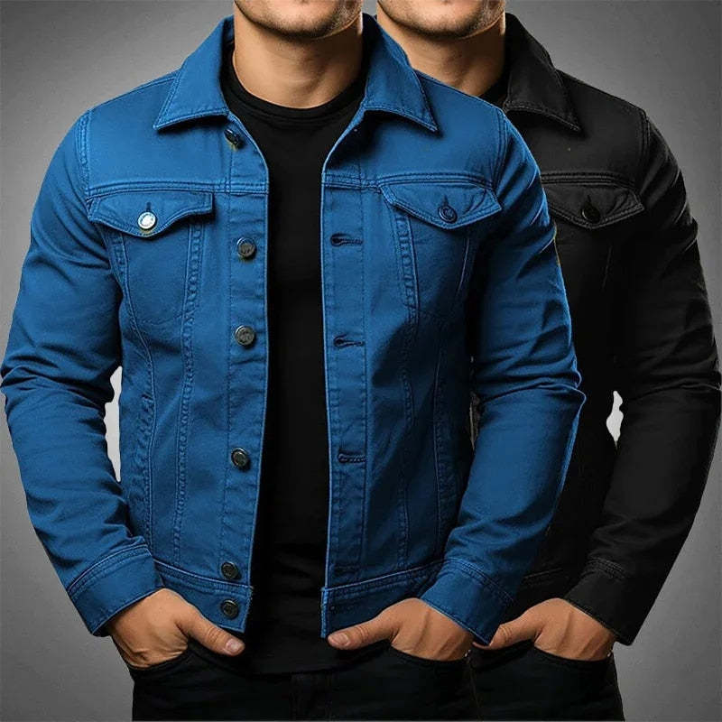 Blue denim jacket worn by a person on a gray background