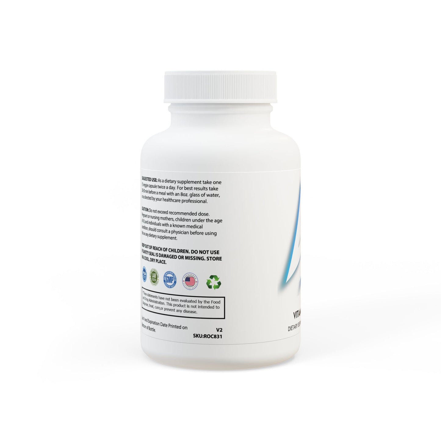 Supplement bottle with label on a white background